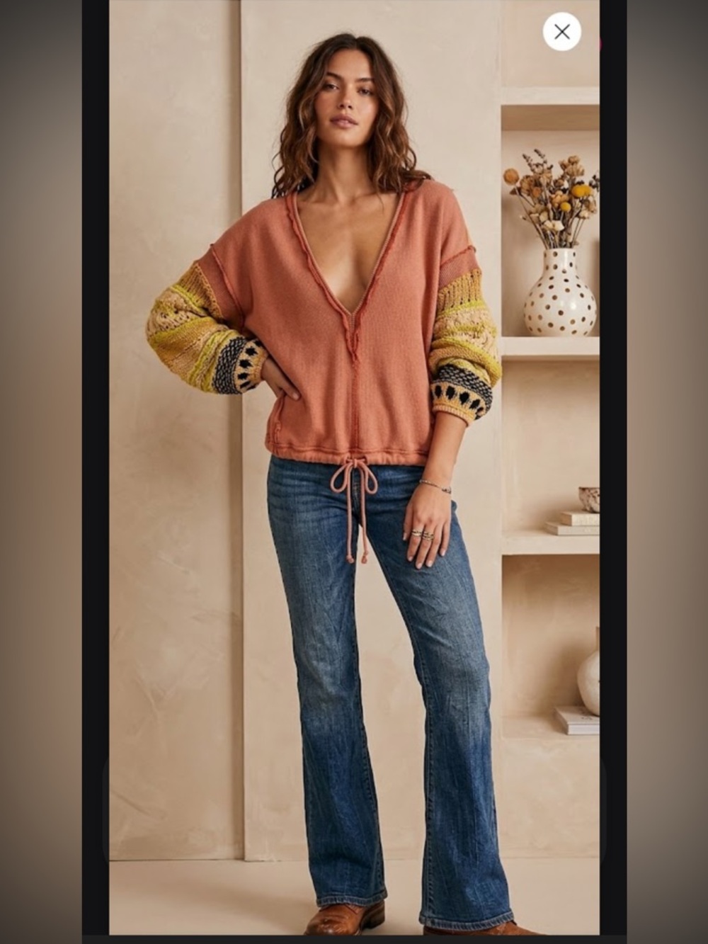Free People Rust V-Neck Pullover with Multicolor Knit Sleeves